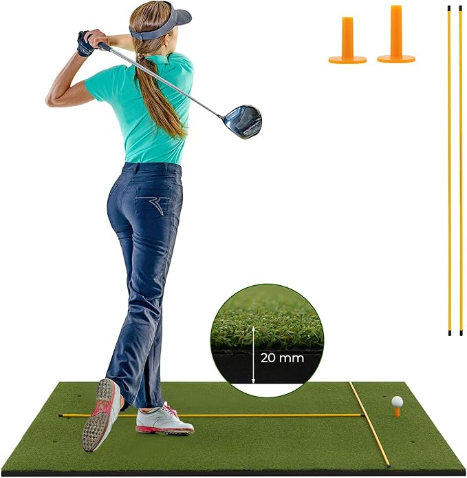 Goplus Golf Mat, 5x3ft/5x4ft Golf Hitting Mat 20/25/27/32mm Thick w/2 Alignment Sticks & 2 Golf Tees, Portable Artificial Turf Grass Training Mat Practice for Indoor Outdoor