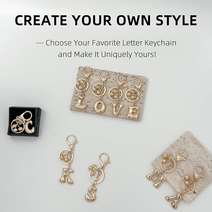Gold Bubble Heart, Cherry, Bow & More Designs Letter Initial Keychain Bag Charms – Cute Purse Charms for Handbags