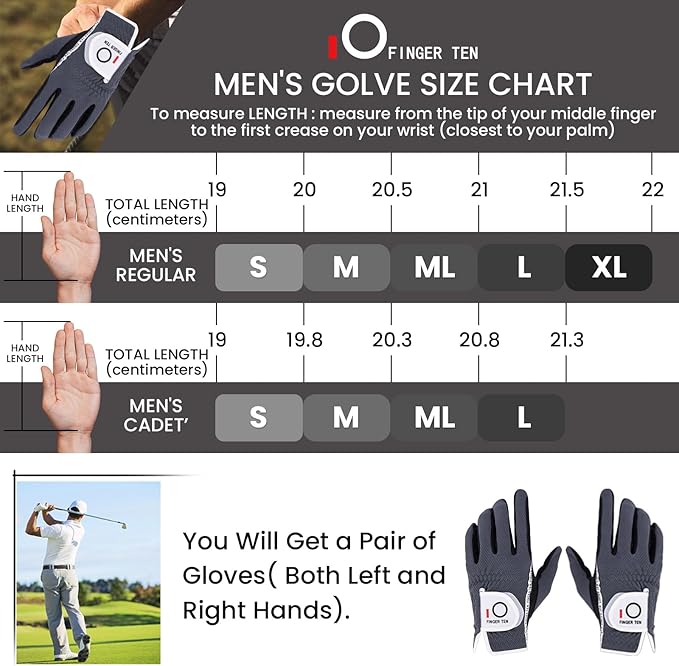 FINGER TEN Premium Rain Grip Men's Golf Gloves 1 Pair, Hot Wet Weather No Sweat Glove for Serious Feel & Performance, Left Right Hand Black Gray White Blue Fit Size S M L XL 2XL 3XL
