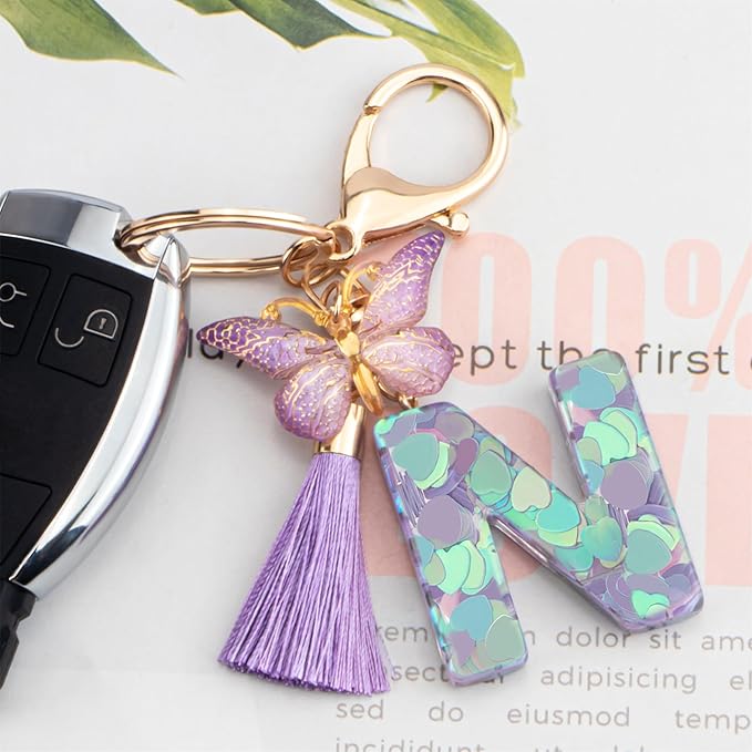 Suweibuke Colourful Cute Initial Letter Keychains for Women Girls with Tassel Butterfly, Charm for Purse Handbags Backpacks