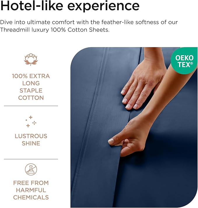 Threadmill Luxury 800 Thread Count King 100% Cotton Sheets - Folkstone Blue Sateen Weave Bed-Sheets, Better Than Egyptian Cotton, 4 Pc Solid Soft Bed Set, Fits 16" Deep Pocket
