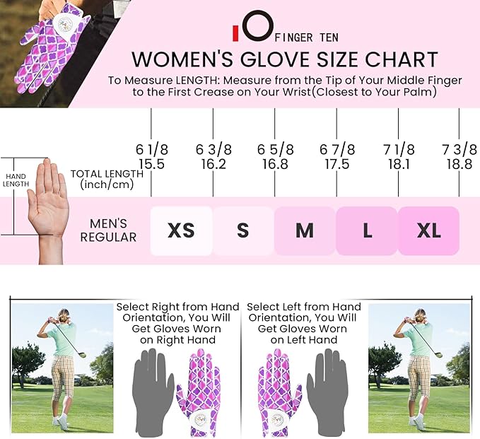 FINGER TEN Stylish Golf Gloves Women with Ball Marker 1 Pack for Left or Right Hand, Breathable Glove with Fashion Patterns for Ladies Right Left Handed Golfer