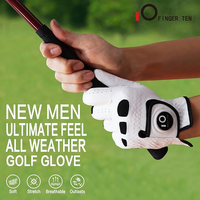 FINGER TEN Men’s Golf Gloves Left Hand Right with Ball Marker 2 Pack, Weathersof Grip Soft Comfortable, Fit Size Small Medium ML Large XL