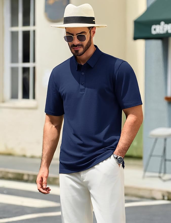 TACVASEN Mens Polo Shirts Short Sleeve Pique 3 Buttons Golf Polo Cooling Performance Moisture Wicking Shirt