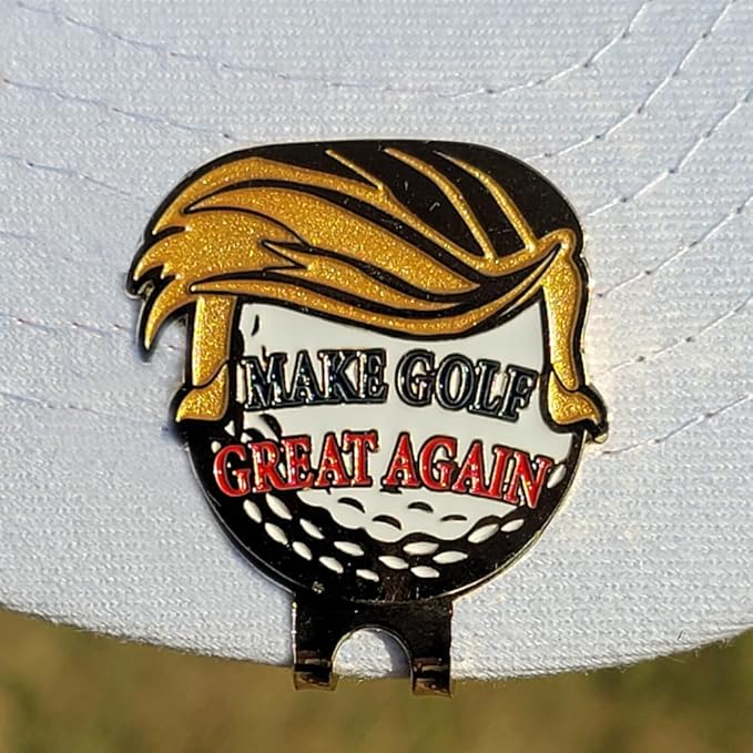 Make Golf Great Again Shaped Golf Ball Marker with USA Flag Magnetic Hat Clip - Patriotic, Fun Gold-Plated Golf Accessory for Avid Golfers