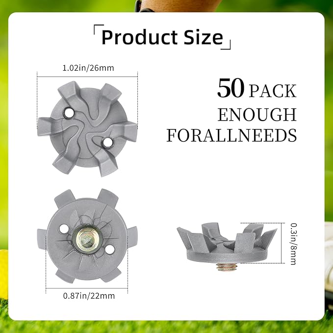51PCS Golf Shoe Spikes Set, 50 Golf Shoe Cleats with 1 Black Spanner, 6 mm Metal Thread Screw, for Use on Lawns or Course(Grey)