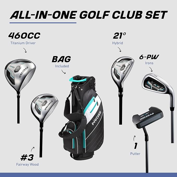 Precise AMG Men’s 14-Piece Golf Set – Titanium Driver, Wood, Hybrid, 6-PW Irons, Putter, Stand Bag, 3 Headcovers and Cover – RH