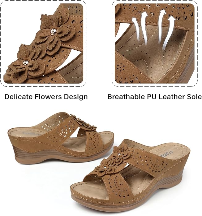 TEMOFON Womens Wedge Sandals Leather: Dressy Sandal, Rubber Sole, Comfortable Walking, Casual Slip on Summer Shoes, Size 5-11