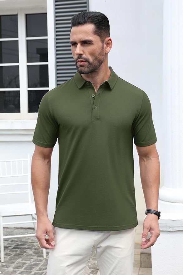 MAGCOMSEN Men's Polo Shirts Short Sleeve Cotton Pique 3 Button Classic Fit Casual T-Shirt Performance Golf Shirts