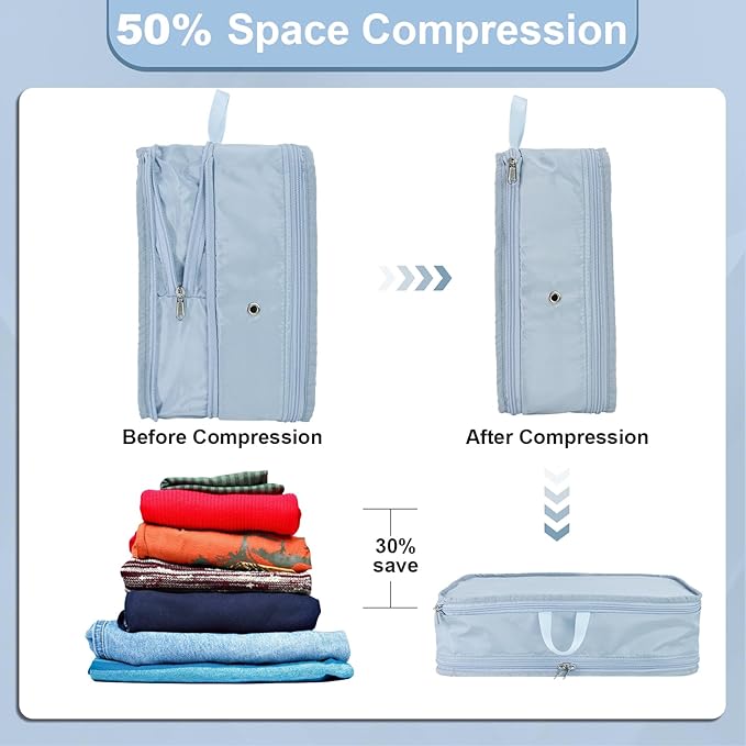 2 Set Compression Packing Cubes for Travel, Expandable Luggage Organizers Bag, Large Compression Cubes for Packing, Travel Accessories for Suitcase Organizer Bags Set (Light Blue)