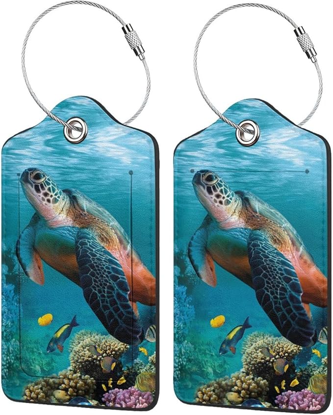 2 Pack Sea Turtle Luggage Tags for Suitcases, Cool Leather Luggage Tag for Travel, Bag Tag Privacy Name ID Card Bag Labels for Friends Adults Kids Tourists