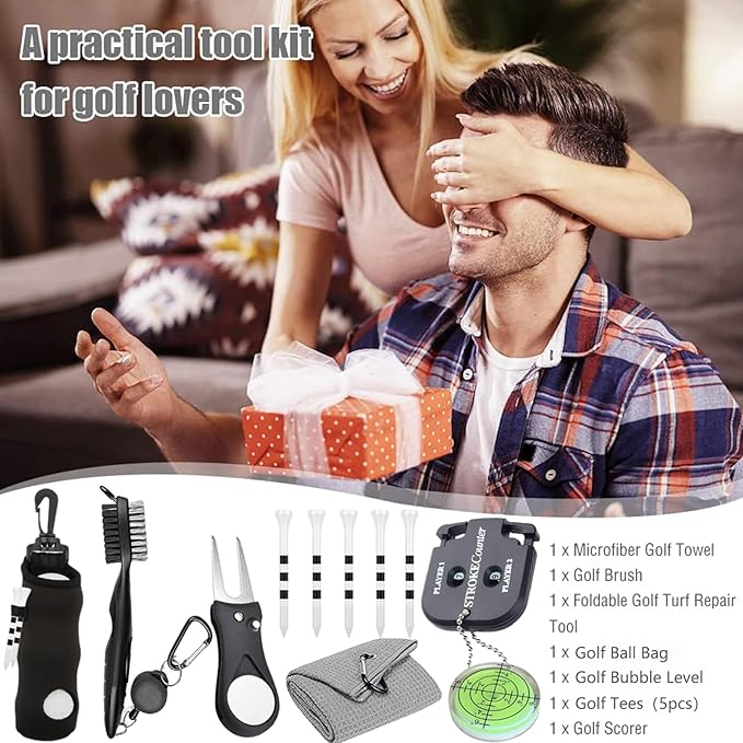11 Pcs Golf Accessories Kit, Include Golf Ball Bag with Hook Tees Towel Cleaner Brush Ball Marker Divot Tool Score Counter