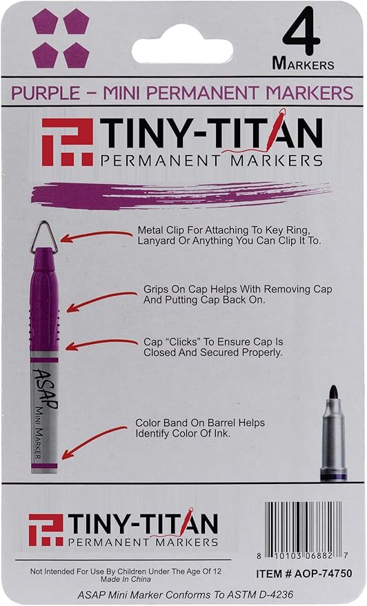 Tiny-Titan Mini Markers, Keychain Clip, Golf Ball Marker, Clip On Nurse's Badge - Purple Ink - Fine Point - 4 Pens