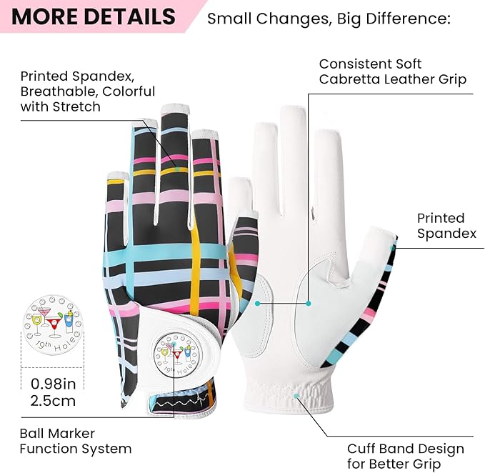 FINGER TEN Stylish Golf Gloves Women with Ball Marker 1 Pack for Left or Right Hand, Breathable Glove with Fashion Patterns for Ladies Right Left Handed Golfer
