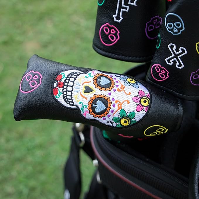 Montela Golf Club Covers,Colorful Skeleton Putter Cover Driver Covers Fairway Wood Headcover Hybrid Cover Leather Blade Putter Headcover Mallet for Brand