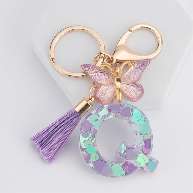 Suweibuke Colourful Cute Initial Letter Keychains for Women Girls with Tassel Butterfly, Charm for Purse Handbags Backpacks
