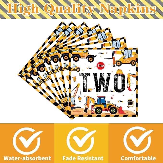 Construction 2nd Birthday Decorations for Boys, 50PCS Construction Two Napkins Set, Excavator 2 Years Old Birthday Decor Supplies for Boys