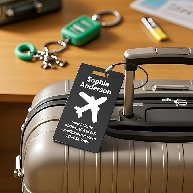 4 Pack Personalized Luggage Tags, Custom Engraved Aluminum Luggage Tags with Your Personalized Text, Waterproof Metal Name Tags with Steel Loop for Bags, Suitcase, Baggage, Backpack (Black, Large)