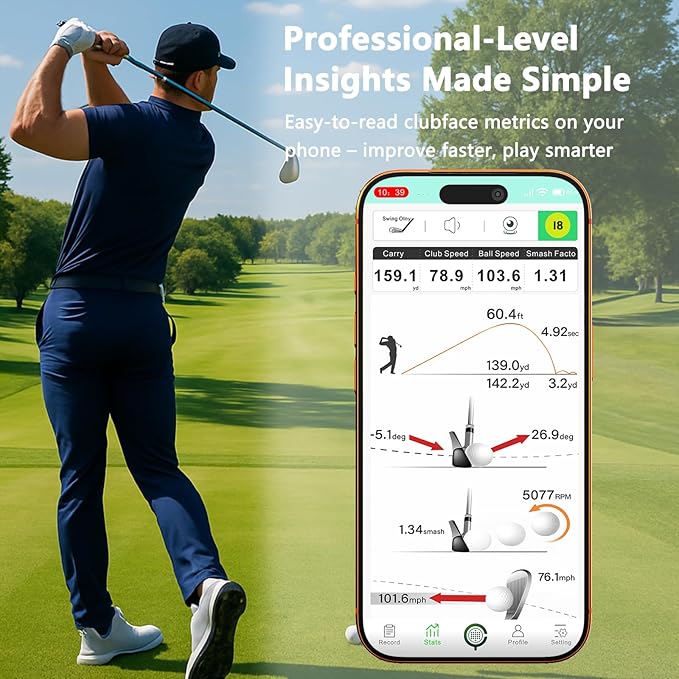 Golf Launch Monitor & Simulator: Portable Swing Analyzer for iOS/Android with Virtual Course, 3D Trajectory for Indoor/Outdoor Use