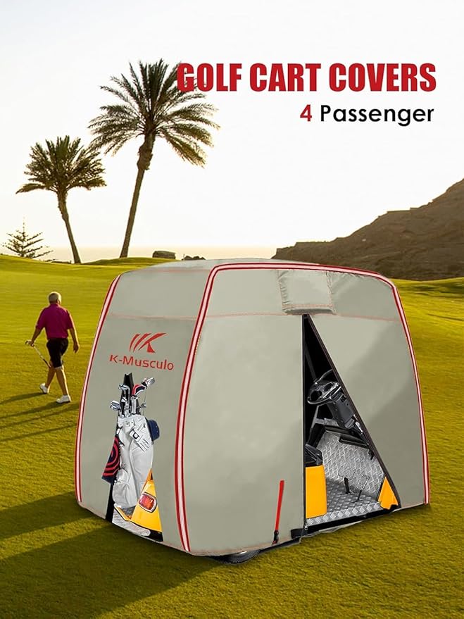 K-Musculo Golf Cart Cover, 2+2 Passenger Fits EZGO, Club Car, Yamaha, Heavy Duty Marine Grade Fabric, Waterproof & Windproof Outdoor All-Weather (600D-PU, 600D)