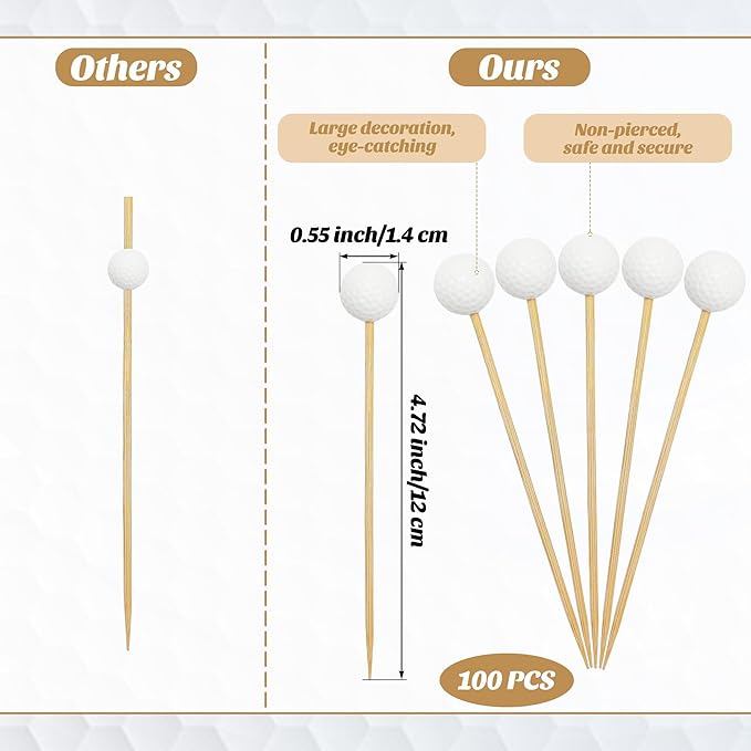 Aodaer 100 Pieces Golf Toothpicks 4.72 Inch Golf Skewers Golf Cocktail Picks Golf Fruit Picks Decorative Toothpicks for Appetizers Cocktail Garnish Sports Party Supplies, White