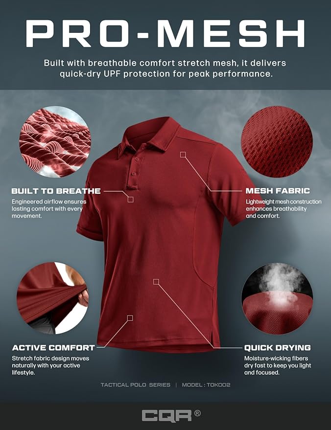 CQR Men's Polo Shirts, Tactical Short Sleeve Golf Performance Shirts, Lightweight Dry Fit UPF 50+ Pique