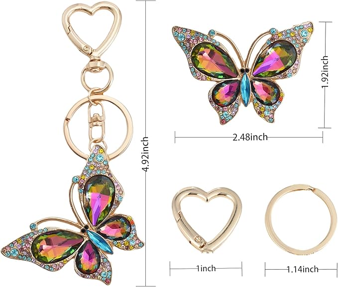Weixiltc Charm Keychain for Women, Cute Heart Key Chain with Diamond Butterfly Pendant, Lovely Bag & Purse Keyring Accessory