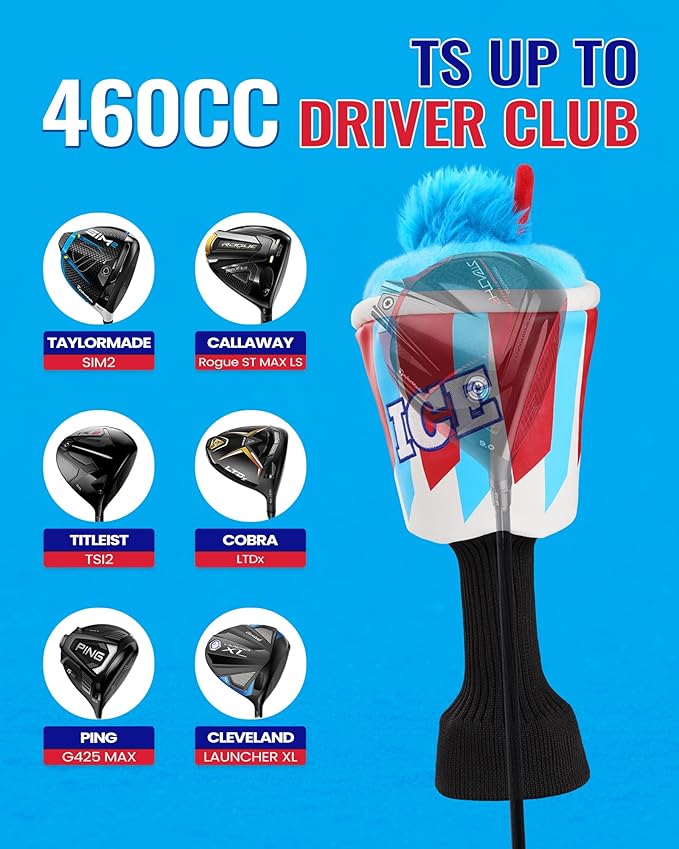 Big Teeth Driver Headcover Ice & Birdiee, Driver Covers for Golf Clubs, Funny Birdie Putter Cover,Milk Shake Ice Cream Mallet Putter Cover,Blue and Red Color