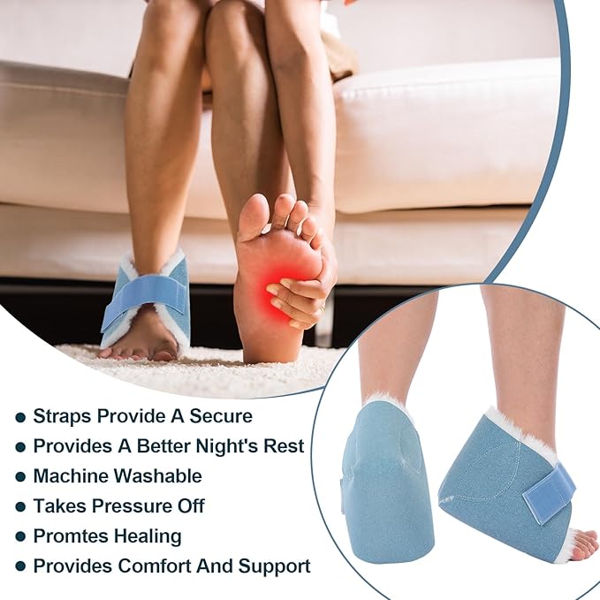 2 Pcs Heel Protectors for Pressure Sores Sheepskin Heel Pads Soft Foot Cushions Pad Protectors Adjustable Foot Pillows with Securing Strap for Bed Sore Ankle Ulcers(Light Blue)