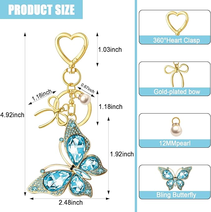 Bag Charm Keychain for Women: Cute Bow Keychains with Diamond Butterfly Pendant, Bags Purse Key ring Accessory