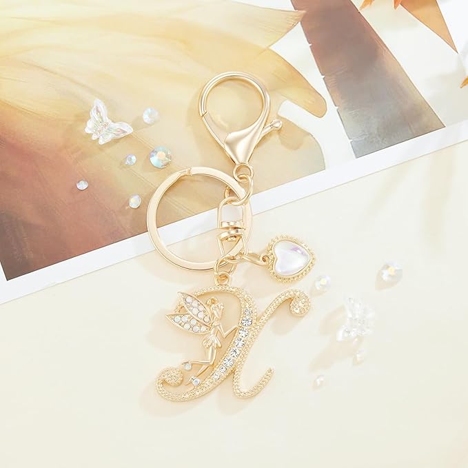 Gold Plated Alphabet Initial Letter Keyring Keychain for Women Girls Crystal Key Chains for Wallet Backpack Bag Charm