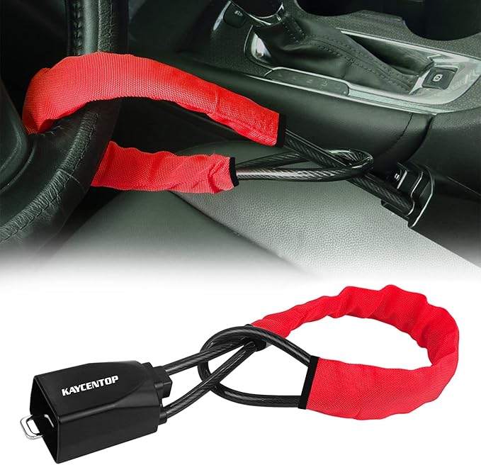 KAYCENTOP Car Steering Wheel Lock, Seat Belt Lock, Anti-Theft Device, Max 17 Inch Length, Small and Light-Weight, Multi-Functional, Fit Most Vehicle, SUV, Golf Cart Security (Red)