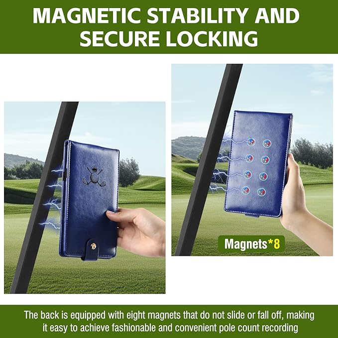 Archerest Magnetic Golf Scorecard Holder, 7.48" x 4.33" Premium Leather Yardage Book Cover Golf with A Pencil and Five Double Sided Printed Scorecards, Golf Accessories and Scorecard Book