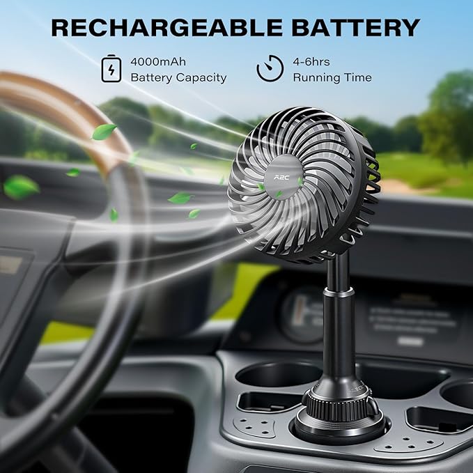 A2C Golf Cart Fan Rechargeable, Cup Holder Base Battery Operated Cooling Fan, 3 Speeds Powerful Airflow Compatible with EZGO, Club Car, Yamaha, 360° Rotatable Golf Cart Accessories