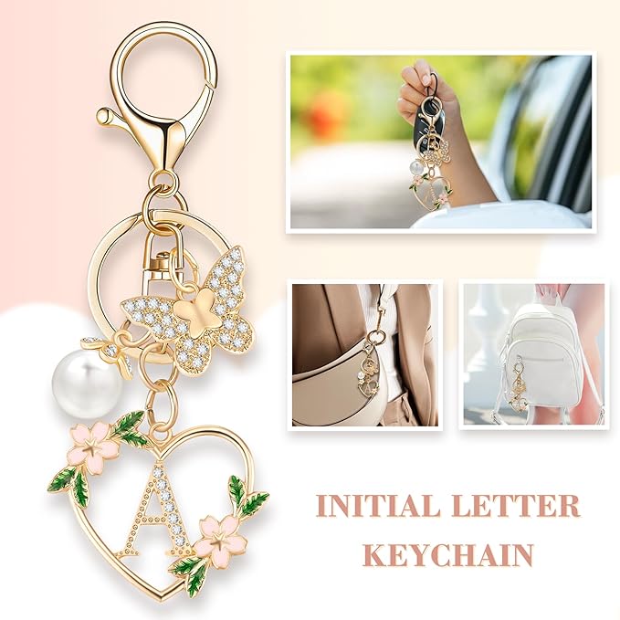 Gold Heart Initial Letter Keychain for Women Key chain Keyring for Purse Handbags Backpack Charm