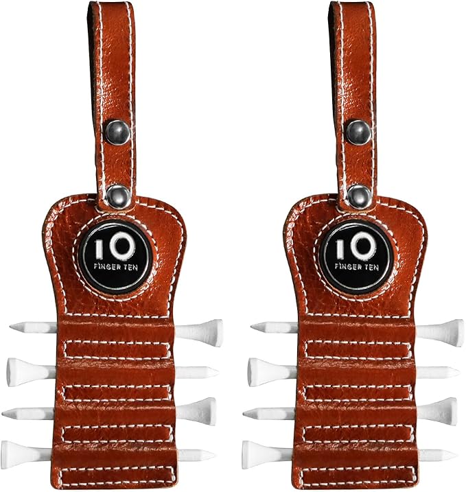 FINGER TEN Golf Tee Holder with Ball Marker and 4 Pcs Wood Tees Value 1/2 Pack, Luxury Leather Gift Hook to Golf Bag Belt Clip