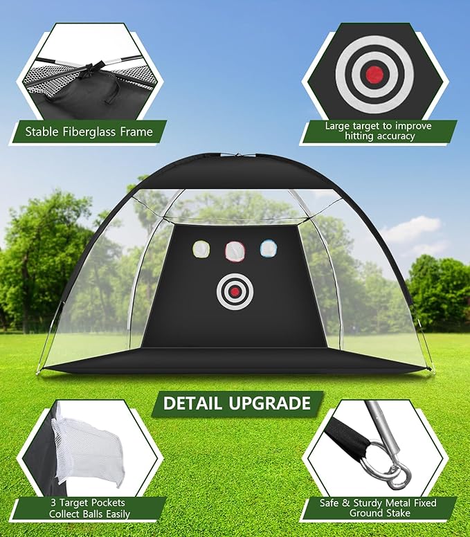 Golf Net, 10x7FT Home Golf Hitting Aids Equipment with Foldable Tri-Turf Mat for Backyard Driving Chipping Swing with Training Target/Balls/Tee for Outdoor Indoor, Gifts for Men Him Dad Boys Golfers