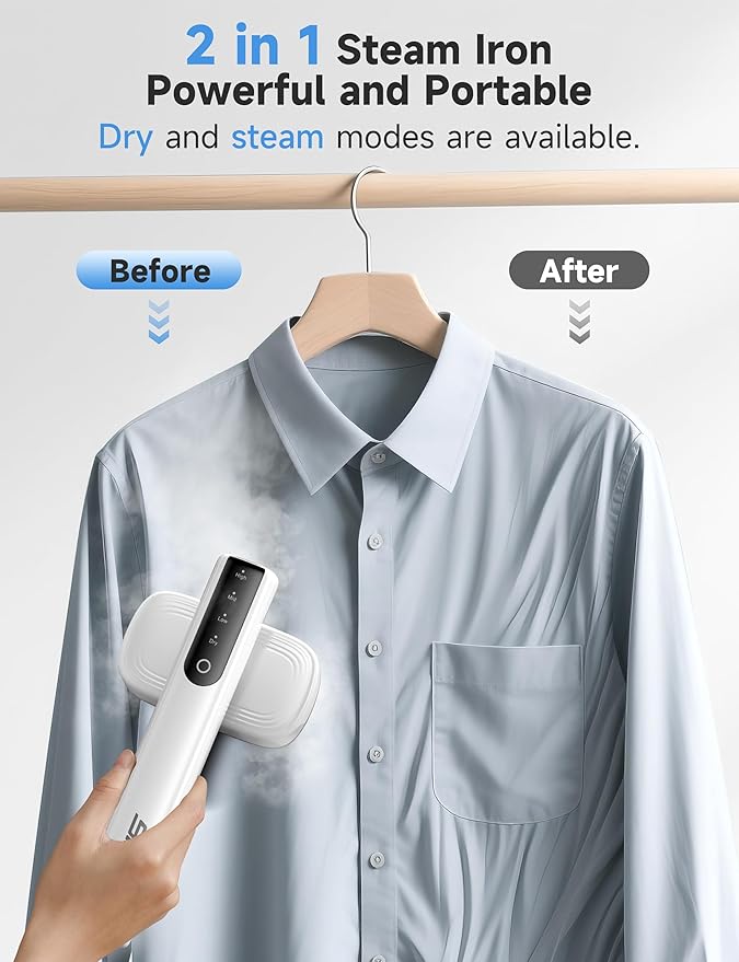Steamer for Clothes, 2-in-1 Travel Steamer & Iron for Clothes, Portable Handheld Garment Steamer, 15s Fast Heat-up, 1200W, Large Ceramic Heat Panel, Quick Wrinkle Removal, Travel & Home Use