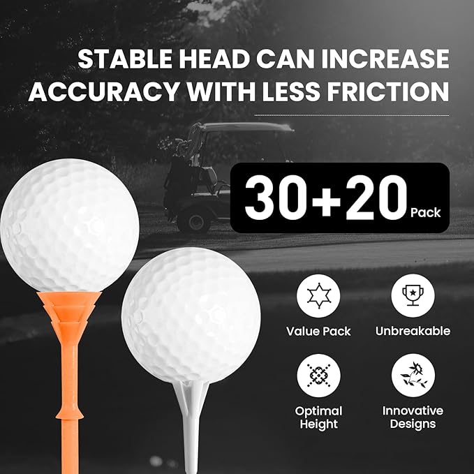 FINGER TEN Golf Tees Plastic Unbreakable 30 Tees 3 1/4 Inch and 20 More Short Tees 1 1/2 Inch with Black Golf Tee Bag, Easy to Find Value Gift Set