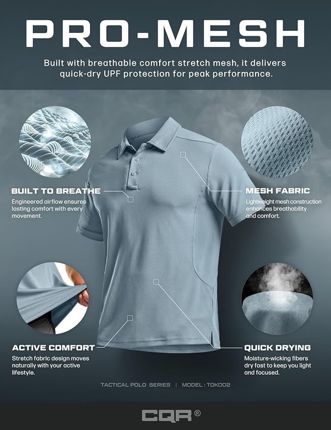 CQR Men's Polo Shirts, Tactical Short Sleeve Golf Performance Shirts, Lightweight Dry Fit UPF 50+ Pique