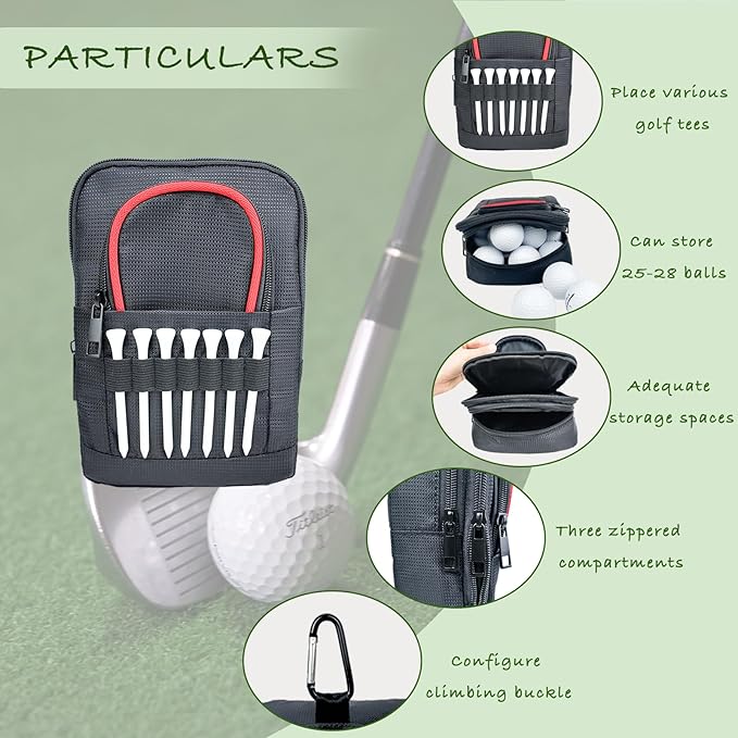 Golf Pouch Accessory Organizer, Portable Golf Valuables Bag, Zippered Multi-Pocket Storage Bag, Can Store Small Tools Such As Balls, Tees, And Rangefinder (Red Trim)