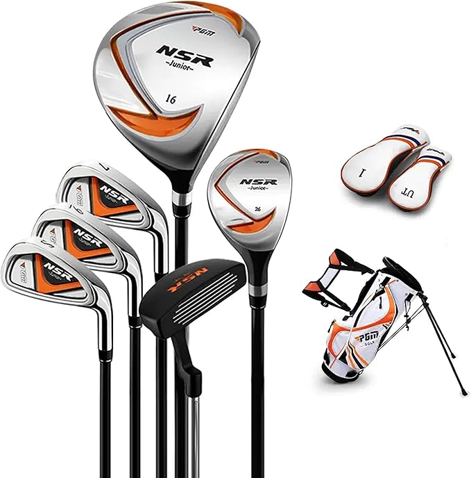 PGM Golf Club Set - 9 Pieces Junior Complete Golf Club Set for Kids Children - Right Handed - Driver(#1), Hybrid, Iron(#7,#9,#S), Putter, Golf Stand Bag