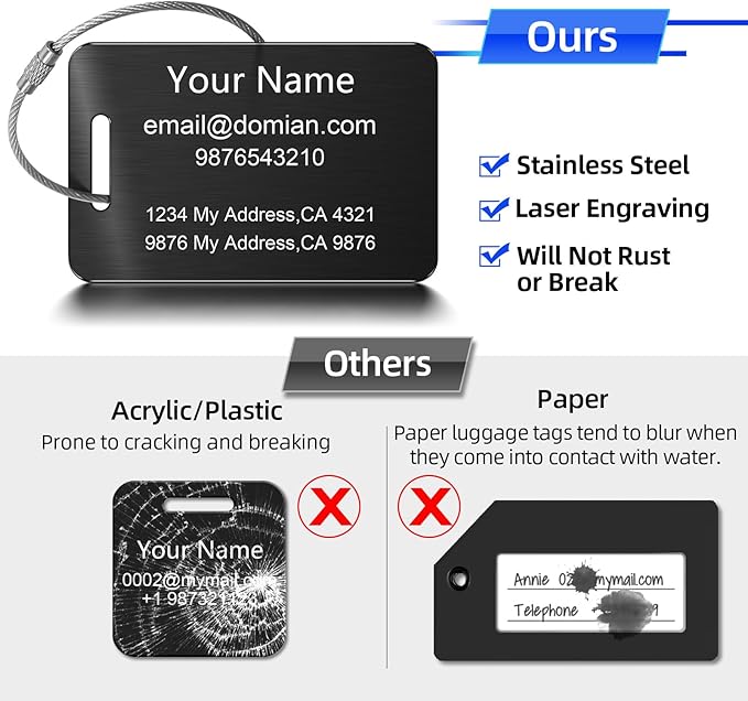 Stainless Steel Personalized Luggage Tags for Suitcases - Custom Name ID Travel Tags for Luggage, Backpacks, Baggage and Bags - Metal Unique Lable - Travel Essentials Accessories for Kids, Women, Men