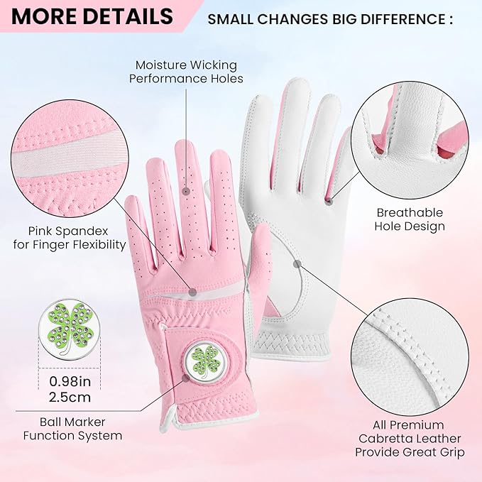 Womens Golf Glove with Clover Ball Marker 1 Pack, All Weather Grip Microfiber & Leather Gloves for Ladies, Comfortable Breathable Fit for Left Hand or Right Hand in White Pink