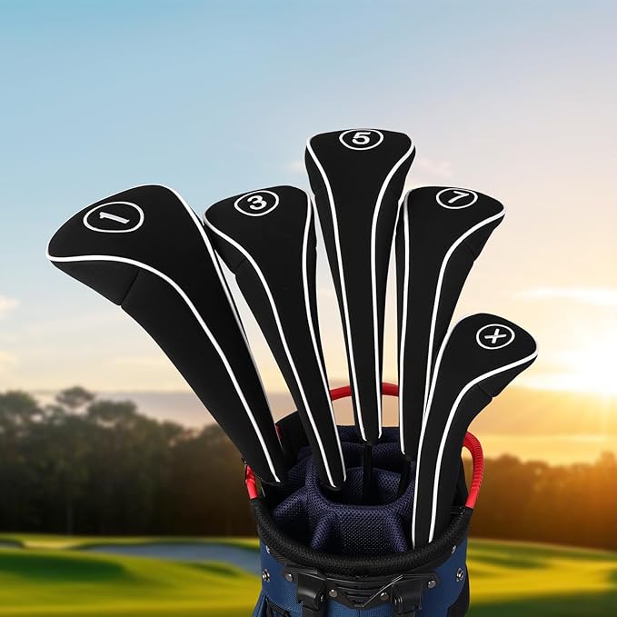 Golf Club Head Covers with Zipper - Balck Golf Club Covers for Woods and Driver Fairway Hybrids, Golf Accessories Headcovers Set