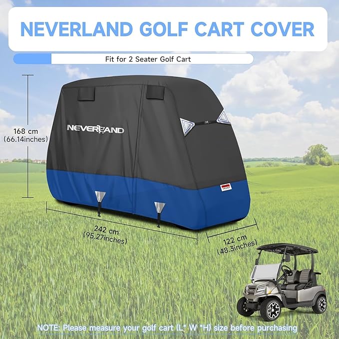 NEVERLAND Golf Cart Cover 2 Passenger, Heavy Duty 600D Golf Cart Covers, Waterproof Club Car Golf Cart Cover with Side Zipper Doors Compatible with EZGO Yamaha Club Car 2 Seat (Up to 95 Inch)