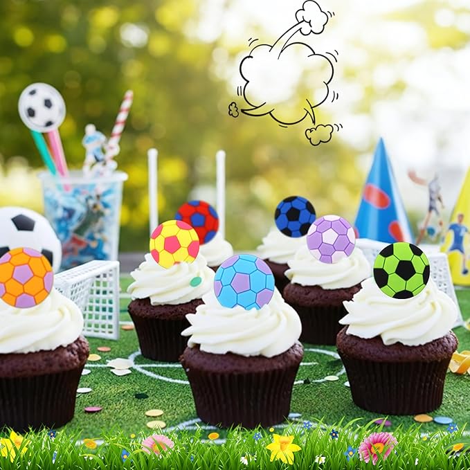 Honeydak 48 Pcs Soccer Sport Cupcake Rings Toppers Decoration Sport Ball Theme Cupcake Picks Cake Decoration for Baby Shower Birthday Party Cake Supplies