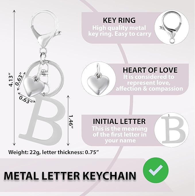 Metal Heart Alphabet Keychain for Women, Girls - Cute Initial Letter Accessories for Purse, Bag Charms and Backpack