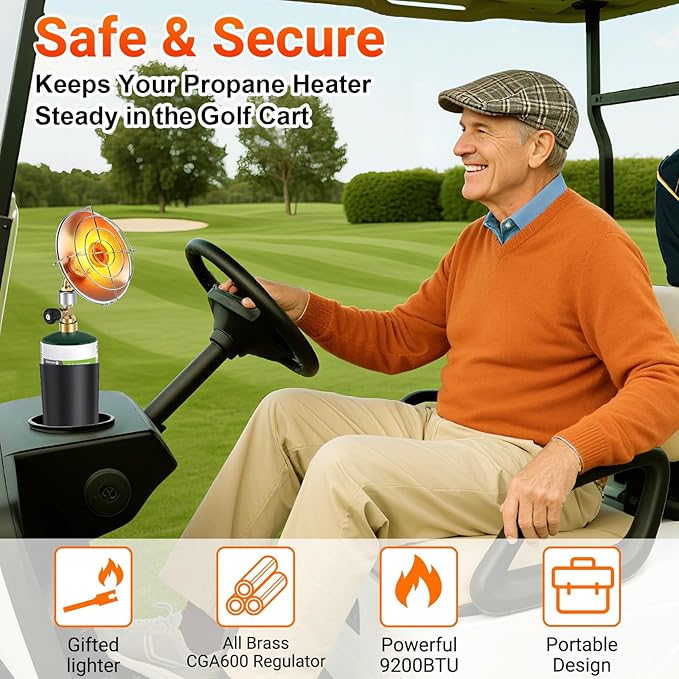 Propane Golf Cart Heater 9,200BTU Portable Heater with Windproof Lighter for Tents Camping with Golf Cart Cup Holder for EZGO Yamaha Club Car Most Golf Cart(Fuel Cylinder not included)