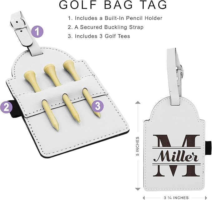 Custom Engraved Golf Luggage and Bag Tag - Personalized Golfing Accessories Gift for Golfer, Mom, Dad, Him, Her (White)
